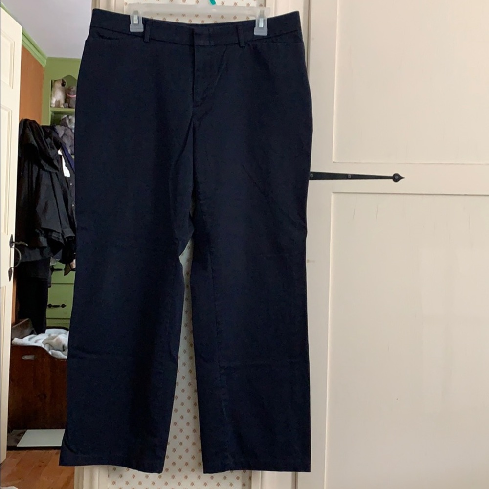 Navy blue cotton pants.